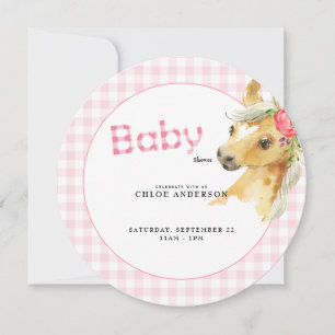 Rosa Gingham Ponny Baby Shower Rund Inbjudningar
