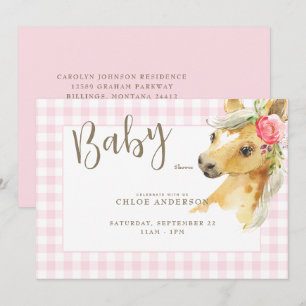 Rosa Gingham Pony Baby Shower Inbjudningar