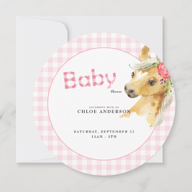 Rosa Gingham Pony Baby Shower Round Inbjudningar (Framsida)