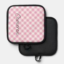 Rosa Gingham Pot Holder med Namn Personlig