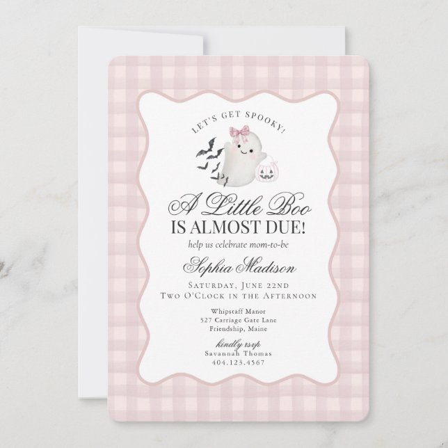 Rosa Gingham Preppy Ghost Little Boo Baby Shower Inbjudningar (Framsida)