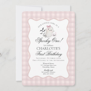 Rosa Gingham Preppy Ghost Spooky One 1st Birthday Inbjudningar