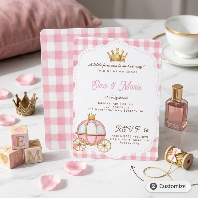 Rosa Gingham Prinsessvagn Baby Shower  Inbjudningar (Skapare uppladdad)