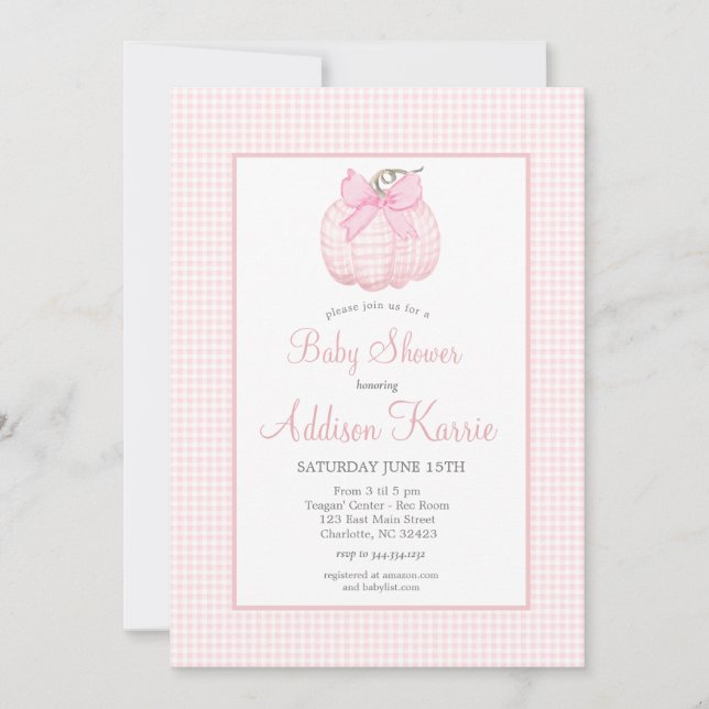 Rosa Gingham Pumpkin Baby Shower-inbjudan Inbjudningar (Framsida)