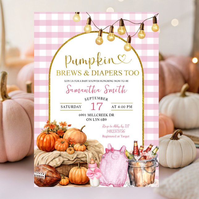 Rosa Gingham Pumpkin Brews & Diaper Baby Shower Inbjudningar (Skapare uppladdad)