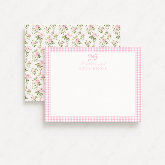 Rosa Gingham & Ro Blommigt Baby Note Card Inbjudningar (Skapare uppladdad)