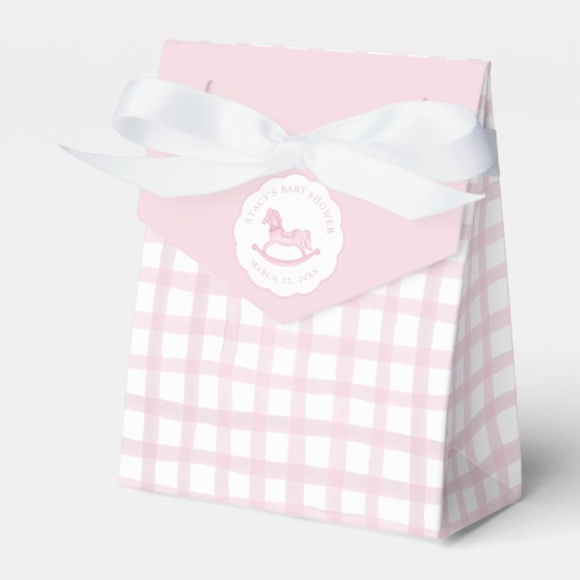 Rosa Gingham Rocking Horse Baby Favor Bag Presentaskar (Framsidan Sidan)