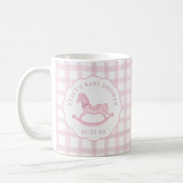 Rosa Gingham Rocking Horse Baby Shower Coffee Mugg (Vänster)