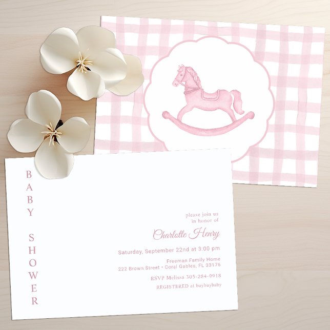 Rosa Gingham Rocking Horse Baby Shower-inbjudan Inbjudningar (Pink Rocking Horse Baby Shower Invitation)