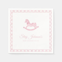 Rosa Gingham Rocking Horse Baby Shower Napkins Pappersservett