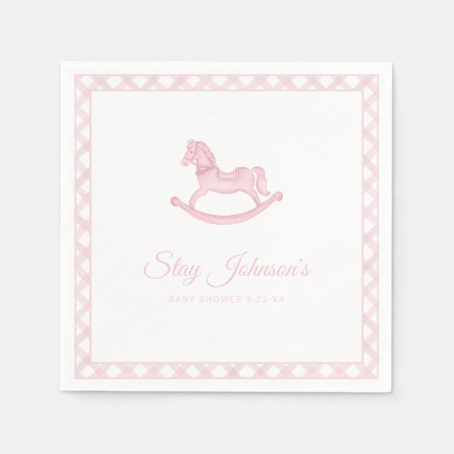 Rosa Gingham Rocking Horse Baby Shower Napkins Pappersservett (Framsidan)