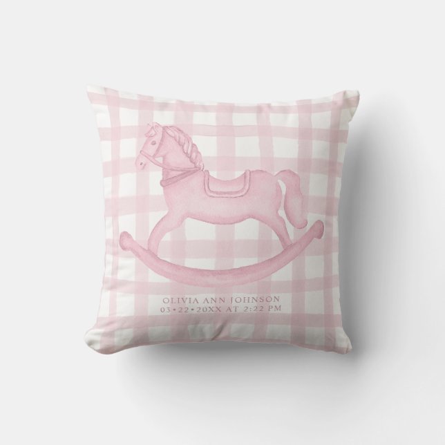 Rosa Gingham Rocking Horse Flicka Birth Pillow Kudde (Framsida)