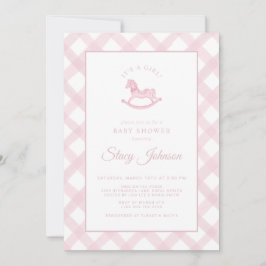 Rosa Gingham Rocking Horse Girl Baby Shower Inbjud Inbjudningar