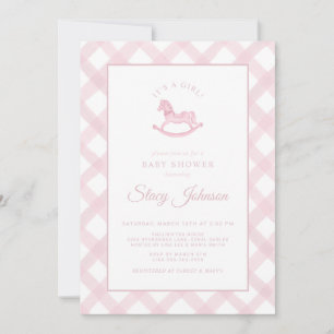 Rosa Gingham Rocking Horse Girl Baby Shower Inbjud Inbjudningar