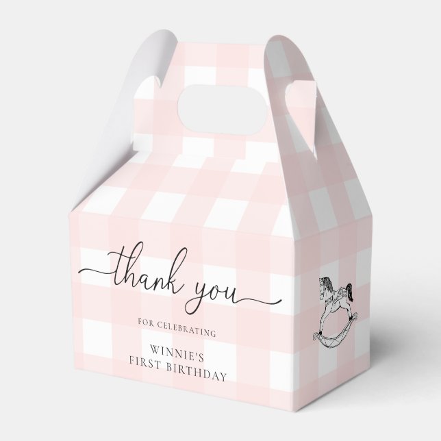 Rosa Gingham Rocking Horse Tack Favor Box Presentaskar (Framsidan Sidan)