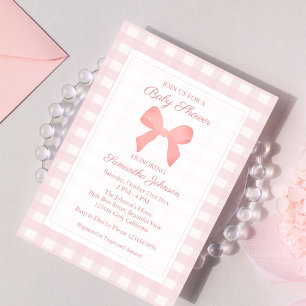 Rosa Gingham Rosa Bow Baby Shower Inbjudningar
