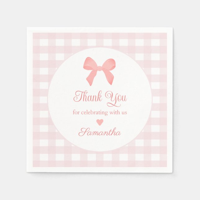 Rosa Gingham Rosa Bow Birthday Pappersservett (Framsidan)