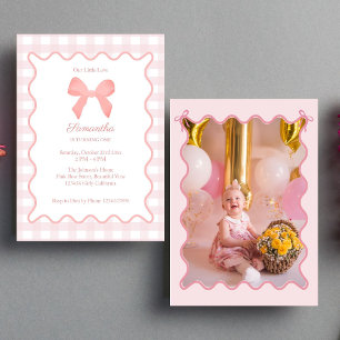 Rosa Gingham Rosa Bow Birthday Photo Inbjudningar