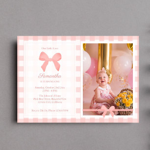 Rosa Gingham Rosa Bow Birthday Photo Inbjudningar
