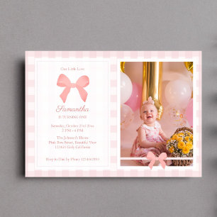 Rosa Gingham Rosa Bow Birthday Photo Inbjudningar