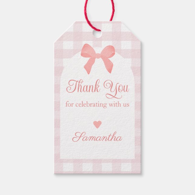 Rosa Gingham Rosa Bow Birthday Presentetikett (Framsidan)