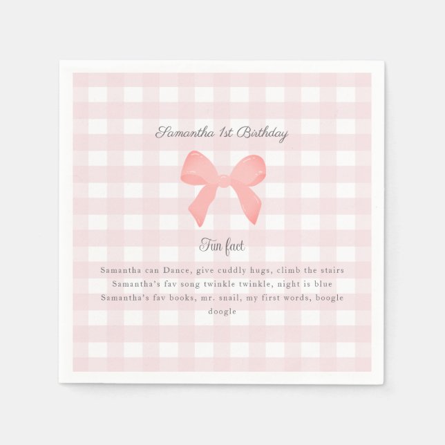 Rosa Gingham Rosa Bow Birthday Roligt fact Pappersservett (Framsidan)