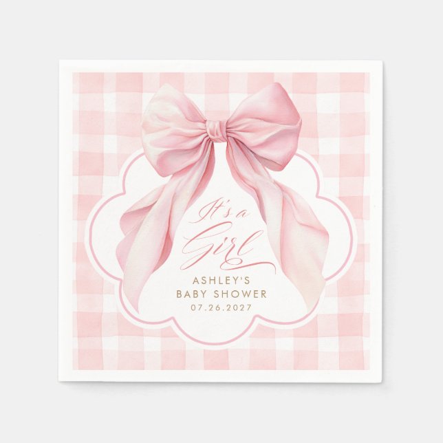Rosa Gingham Rosenskära Bow Baby Shower Pappersservett (Framsidan)