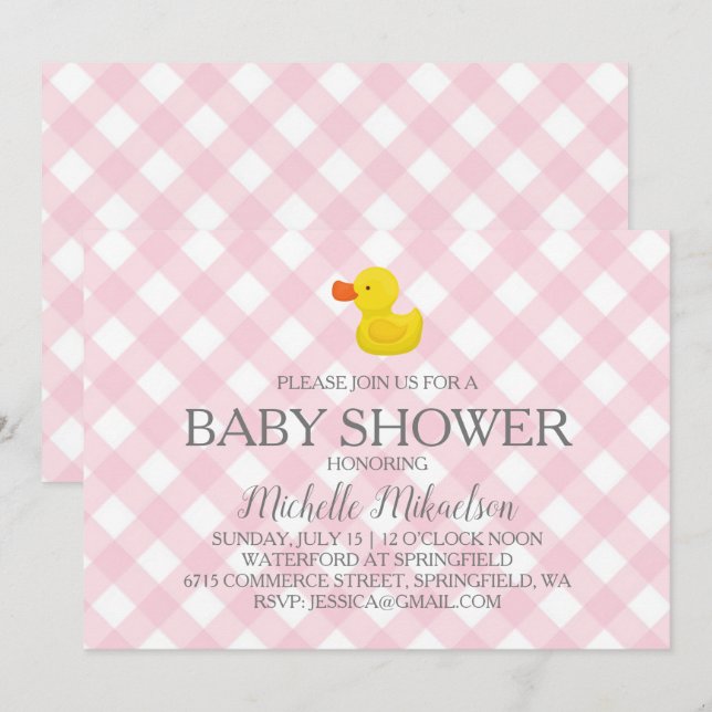 Rosa Gingham Rubber Duckie Baby Shower Inbjudningar (Fram/baksida)