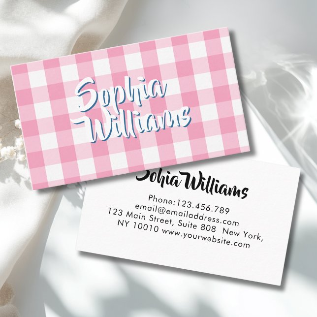 Rosa Gingham Rutig Visitkort (Pink Gingham Checkered Business Card)