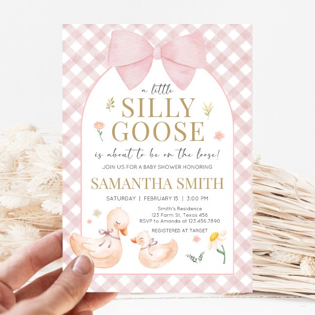 Rosa Gingham Silly Goose Barnkalas Inbjudningar (Silly Goose Baby Shower Invitation)