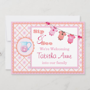 Rosa Gingham Sip och se Bunting Baby bjudan Inbjudningar