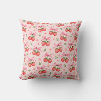 Rosa Gingham-slöja Jordgubbsblommig Mönster Kudde