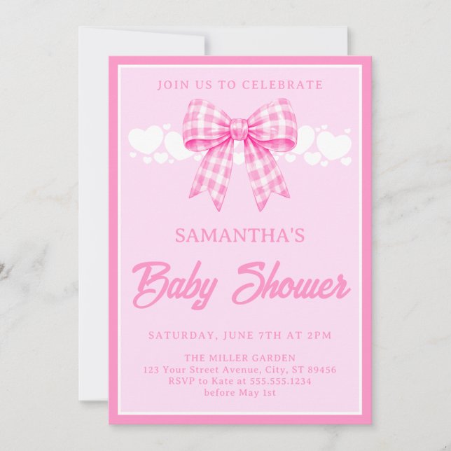 Rosa Gingham-sløyfe Jente Babyshower Inbjudningar (Framsida)