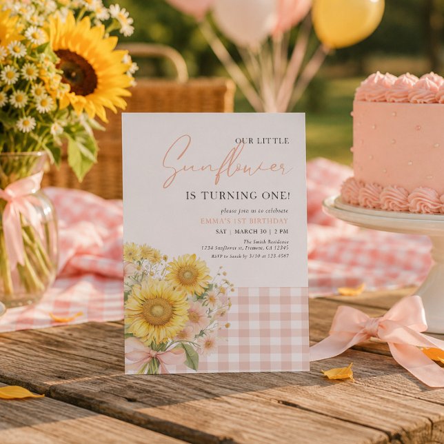 Rosa Gingham Solros 1-årsfest  Inbjudningar (Skapare uppladdad)