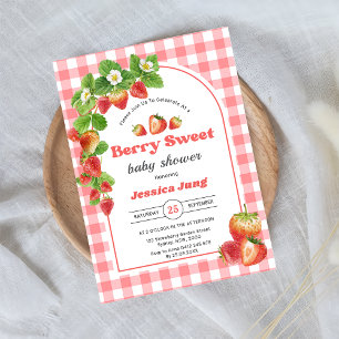 Rosa Gingham Strawberry Baby Shower Party Inbjudningar
