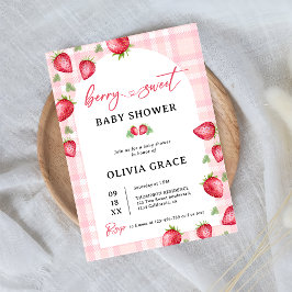 Rosa Gingham Strawberry Baby Shower Party Inbjudningar