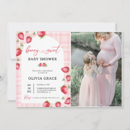 Rosa Gingham Strawberry Baby Shower Party Photo Inbjudningar