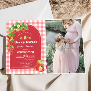 Rosa Gingham Strawberry Baby Shower Party Photo Inbjudningar