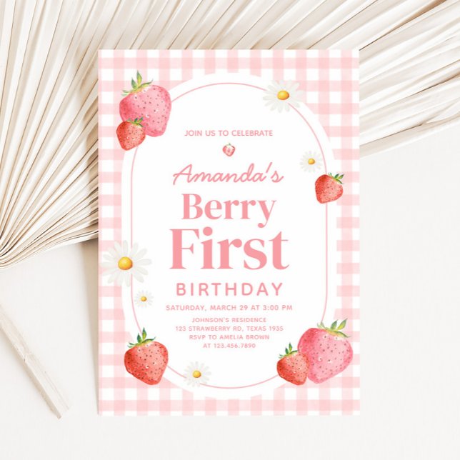 Rosa Gingham Strawberry Berry First Födelsedagsfes Inbjudningar (Pink Gingham Berry First Birthday Party Invitation)