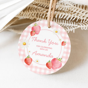 Rosa Gingham Strawberry Berry Födelsedagsfest Roun Gåvor Etiketter