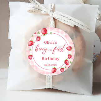 Rosa Gingham Strawberry Birthday Gåvor Etiketter