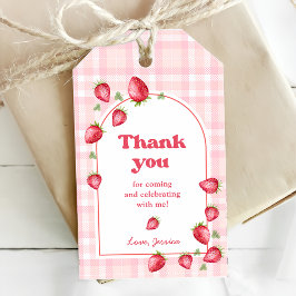 Rosa Gingham Strawberry Birthday Presentetikett