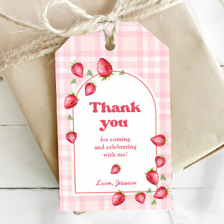 Rosa Gingham Strawberry Birthday Presentetikett