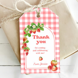 Rosa Gingham Strawberry Birthday Presentetikett