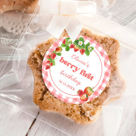 Rosa Gingham Strawberry Birthday Runt Klistermärke