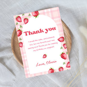 Rosa Gingham Strawberry Birthday Tack you Card Inbjudningar