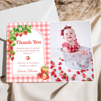 Rosa Gingham Strawberry Birthday Tack you Card Inbjudningar