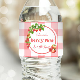 Rosa Gingham Strawberry Birthday Vattenflaskor Etikett