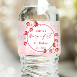 Rosa Gingham Strawberry Birthday Vattenflaskor Etikett
