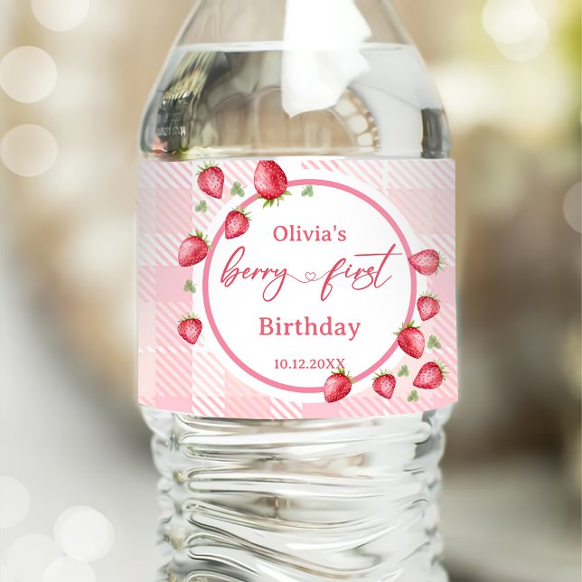 Rosa Gingham Strawberry Birthday Vattenflaskor Etikett (Skapare uppladdad)